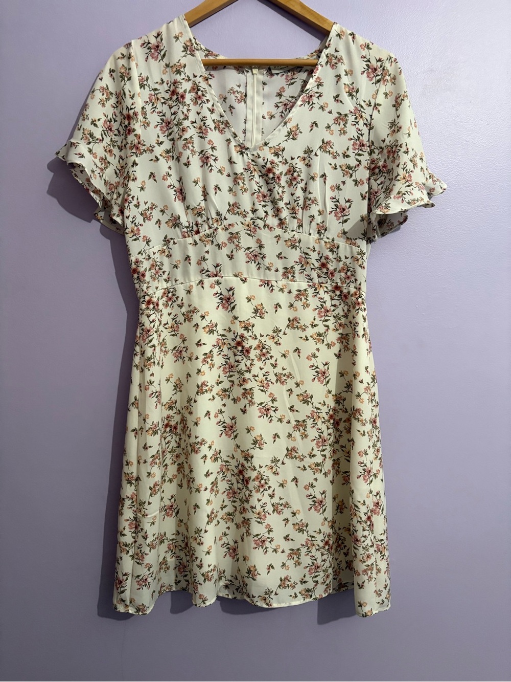 Paper crane Ivory Floral Mini Dress with Pink & Green Accents